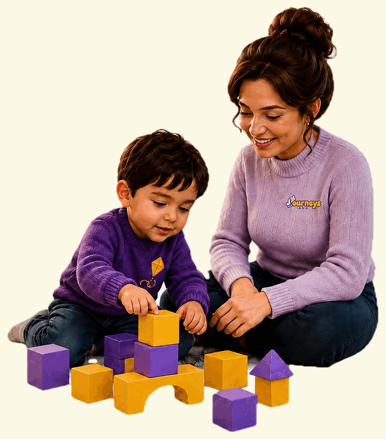 A Journeys ABA therapist in a Journeys sweater helping a young boy build a tower of purple and gold blocks