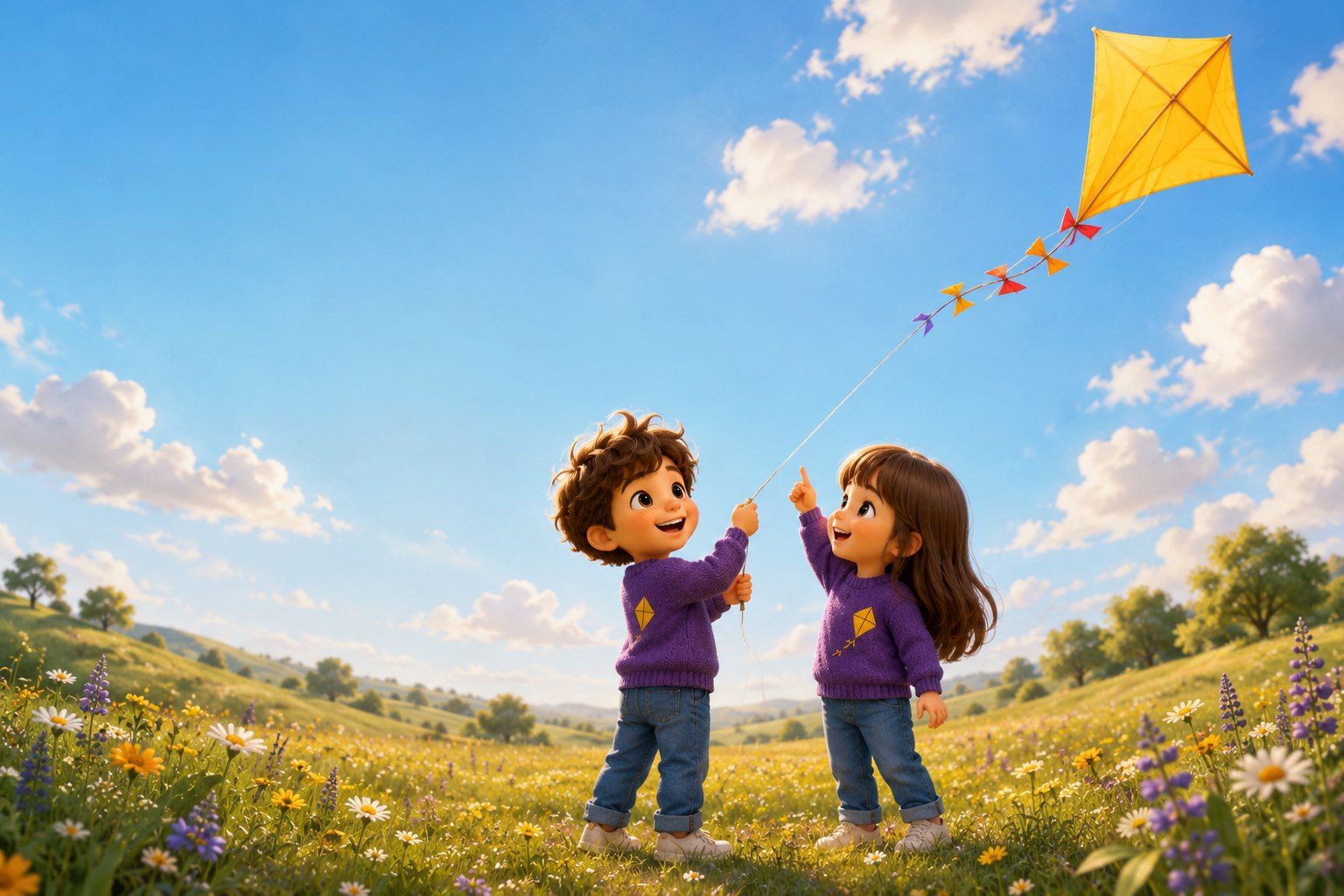 Jack and Jenna flying a yellow kite together in a flower-filled meadow
