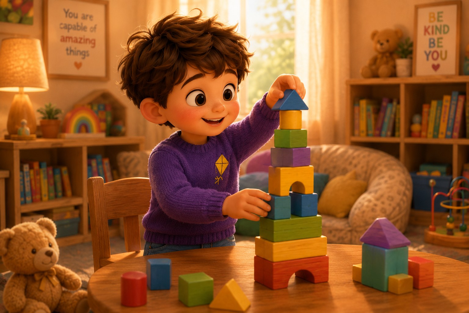 Jack building a tall tower of wooden blocks